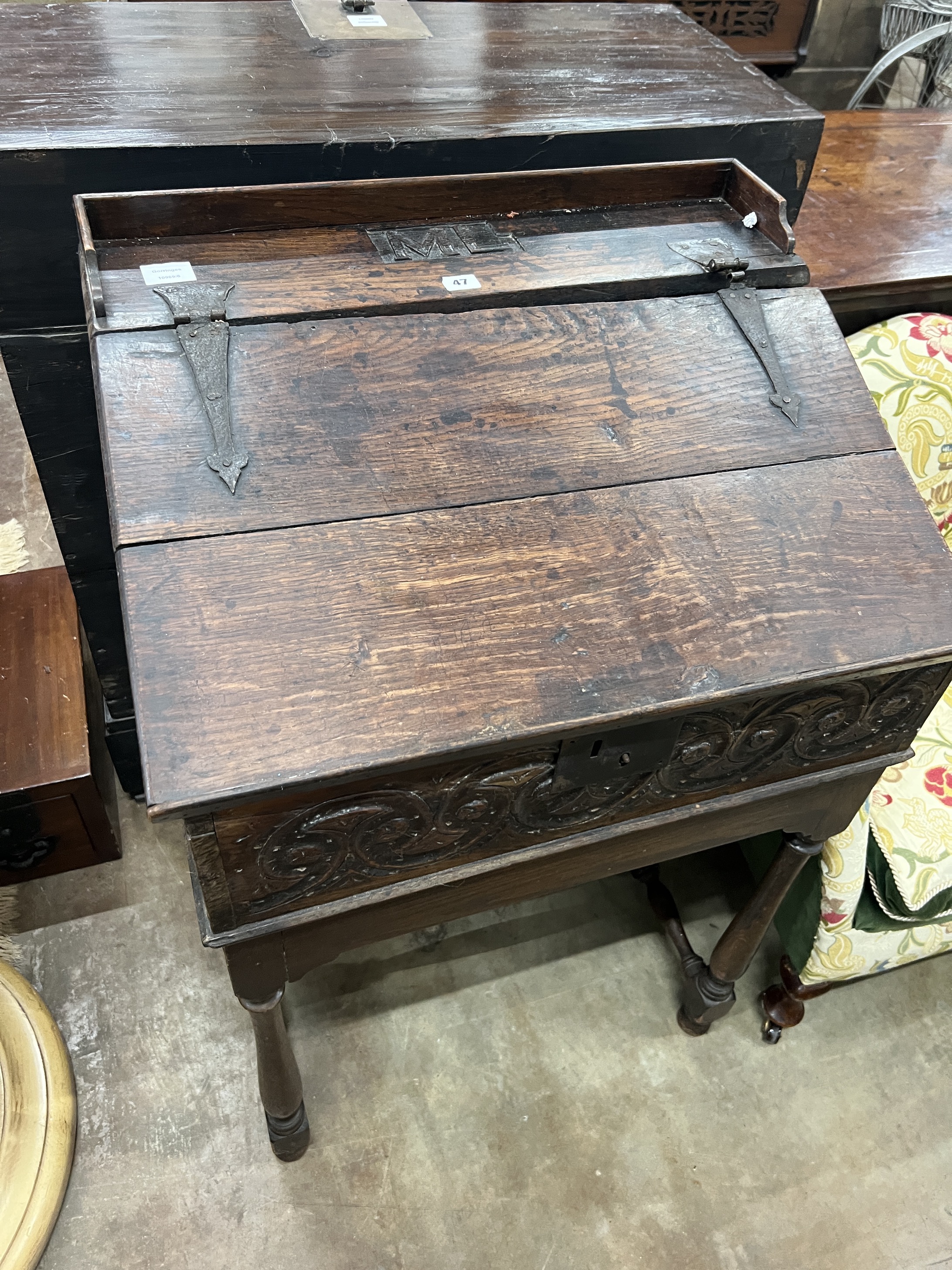 An 18th century Scottish oak rent desk, width 64cm, depth 52cm, height 101cm